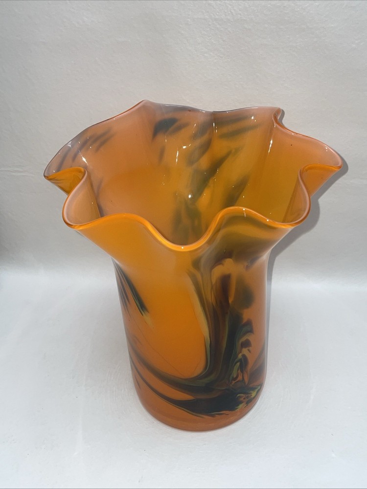 Orange Hand Blown Ruffle Edge Vase 9”