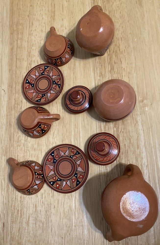 Cusco Peruvian 2” Miniature Clay Hand Decorated Glazed Tea Coffee Set 10 Pieces