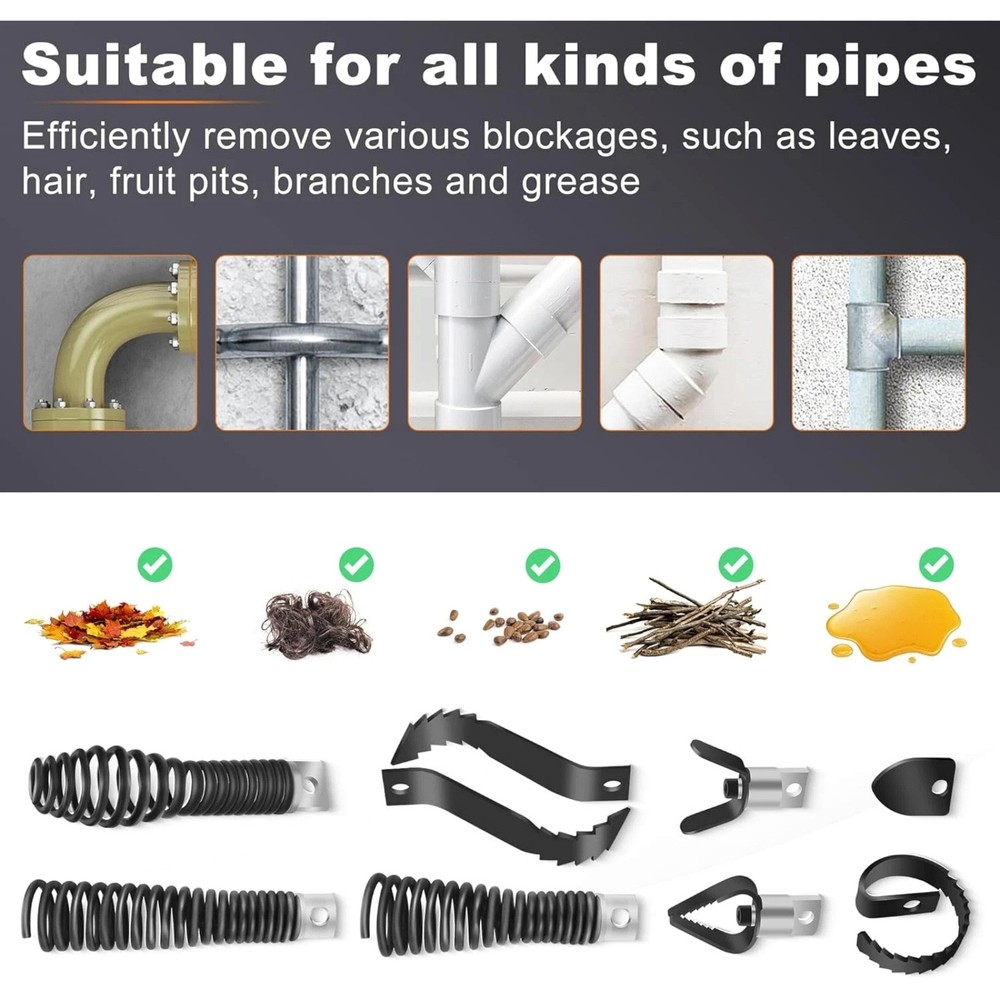8PCS Drain Drill Attachments, Multi-Function Cutter Heads for Snake Machines