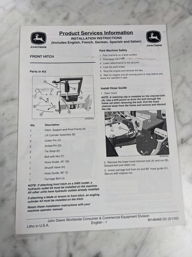 JOHN DEERE OPERATOR INSTALLATION INSTRUCTION MANUAL FRONT HITCH M146468 2002