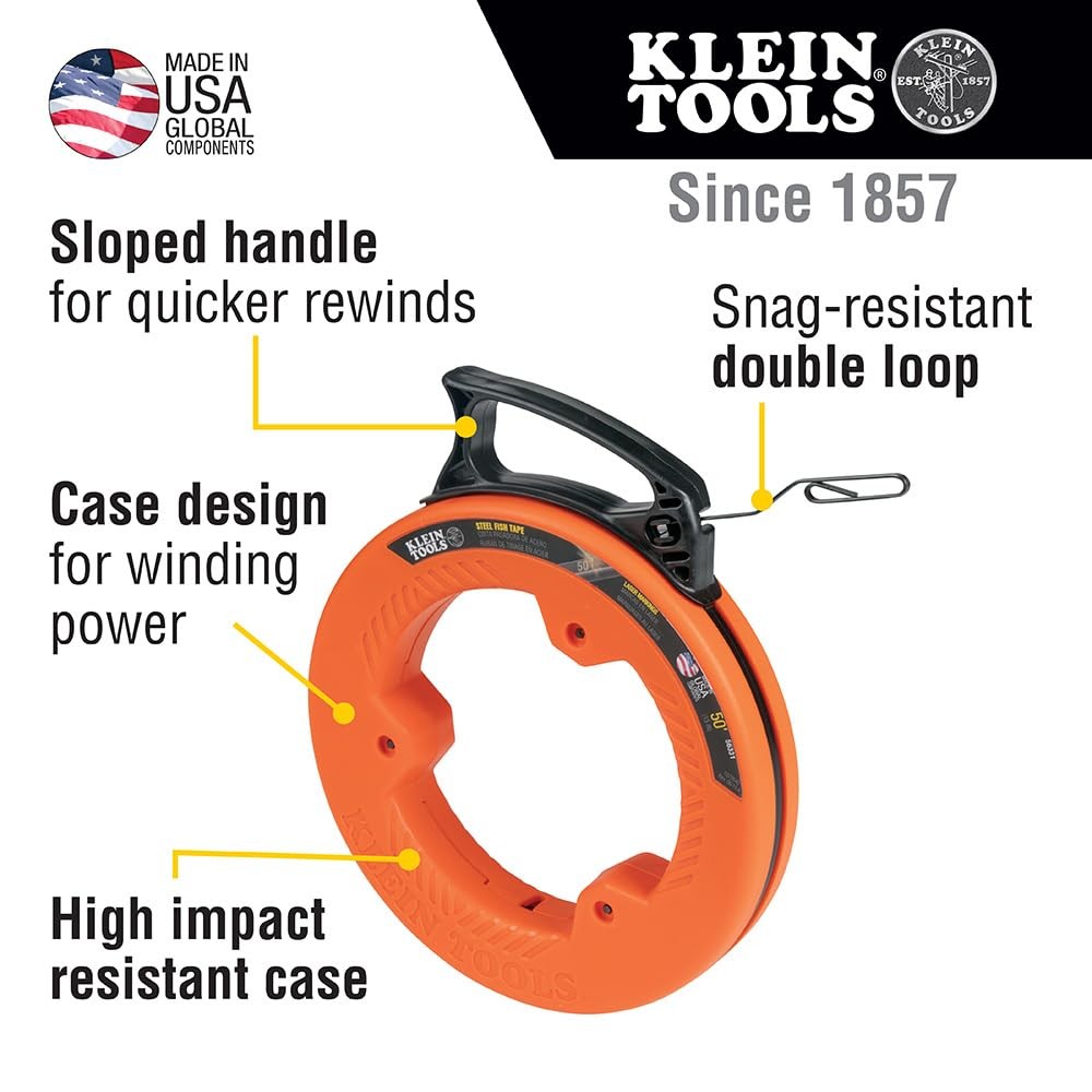 Klein Tools 56331 50-Foot Steel Fish Tape Wire Puller Double Loop Tip