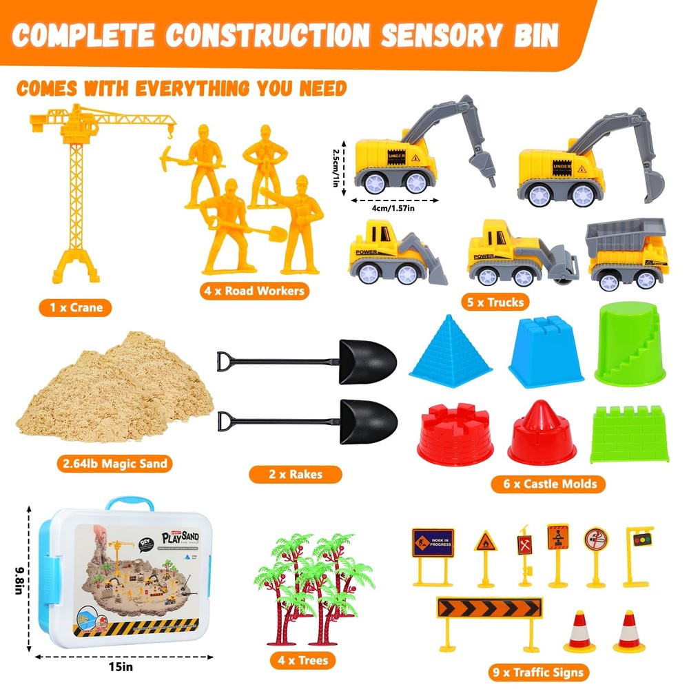 Construction Sensory Bin with Lid, 2.2lbs Sand & 5 Construction Trucks, Senso...