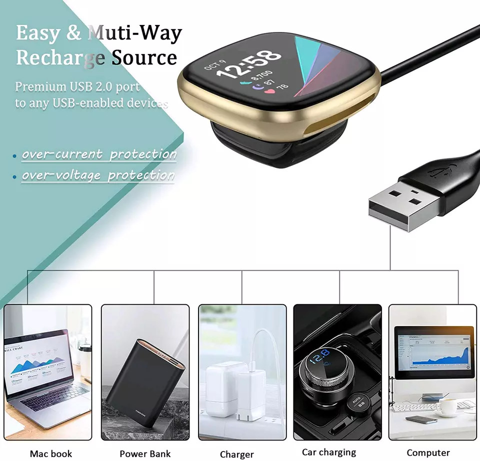 Wireless Charger For Fitbit Sense/Versa 3 Watch USB Fast Charging Dock Cable US