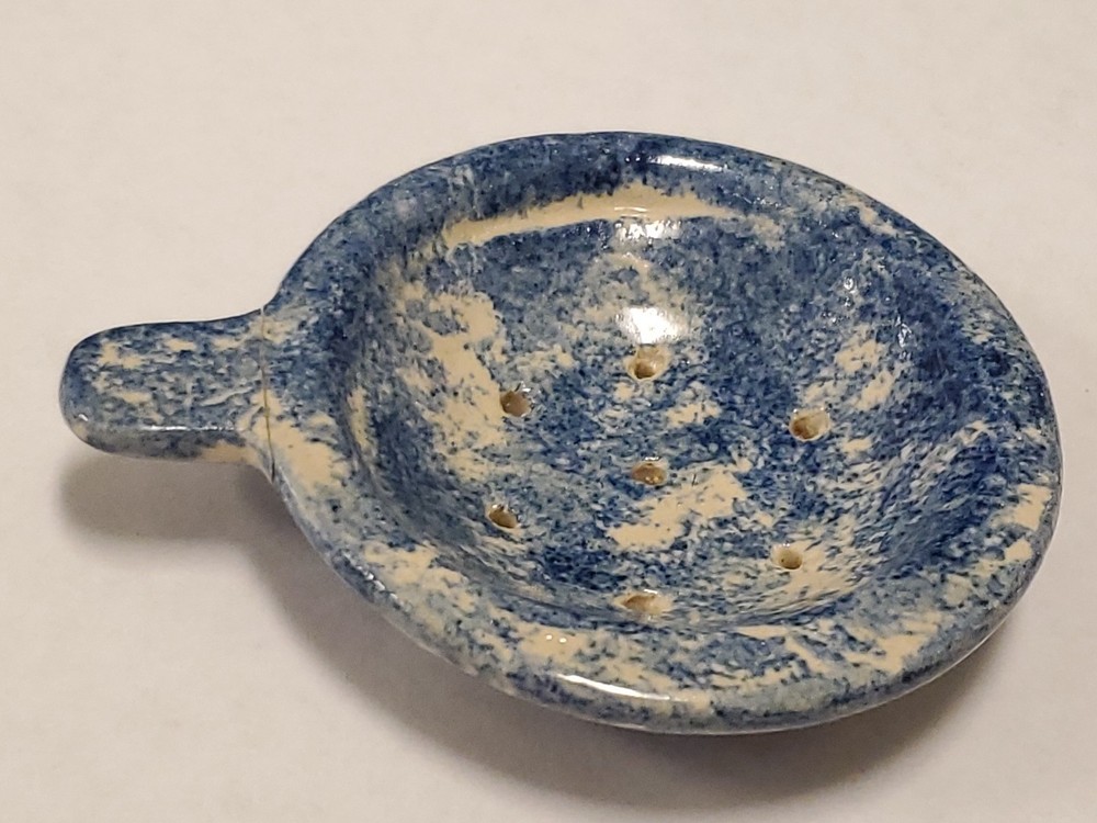 vintage hand made ceramic spatterware tea strainer, blue & white, 4" w/ handle