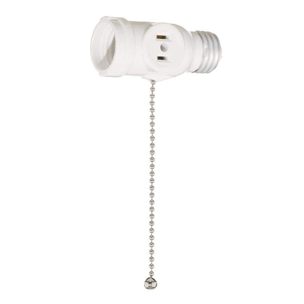2-Outlet White Socket with Pull Chain – Durable Light Socket Adapter 1406-W