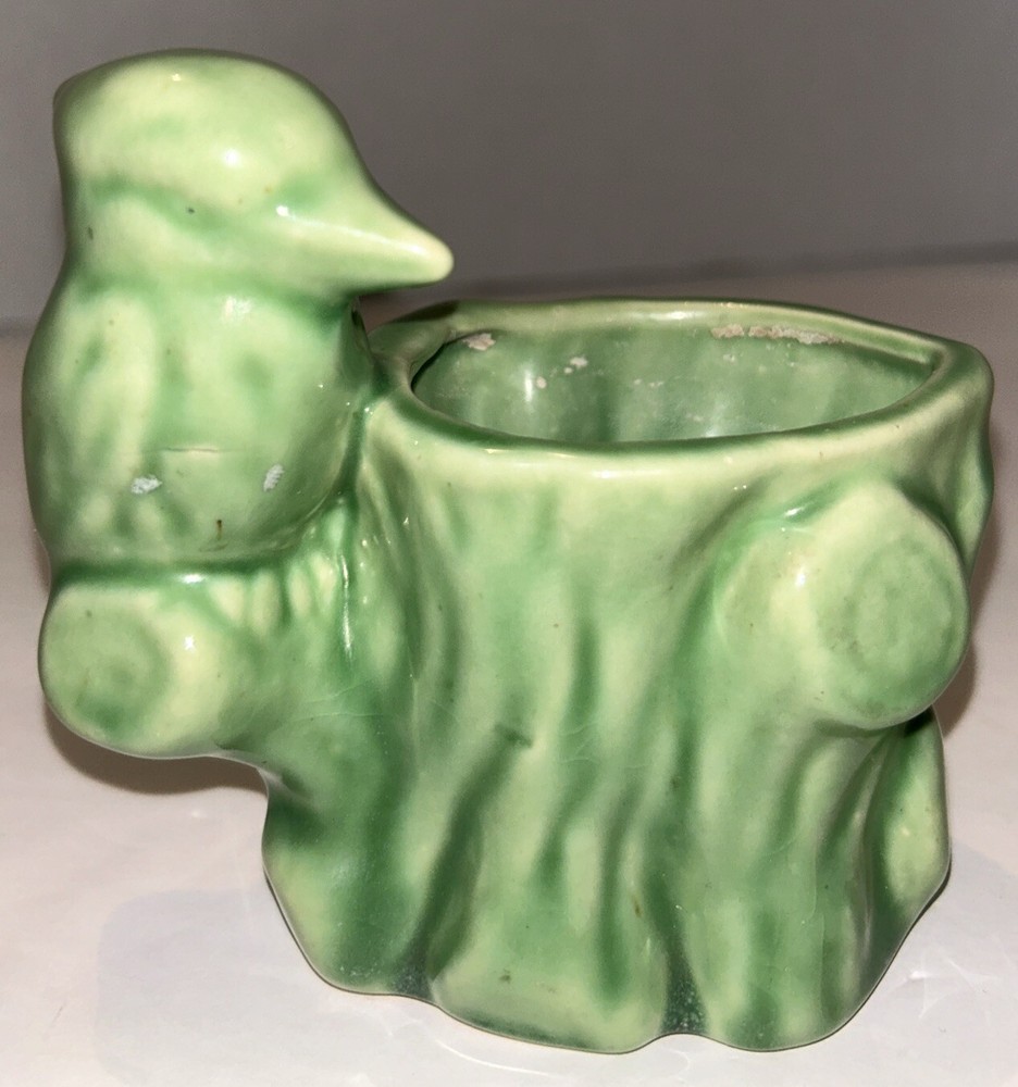 Bird Tree Stump Green Ceramic Planter Vintage MCM Pottery