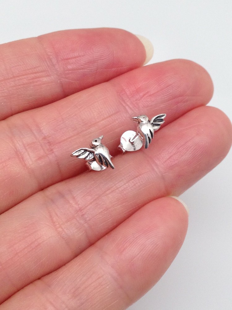 Solid Silver Hummingbird Stud Earrings 925 Sterling Silver Post Tiny 7mm