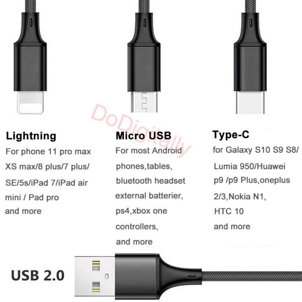 Mobile Phone Charging Cable 3in1 Type-C Micro USB iOS for iPhone Samsung Huawei