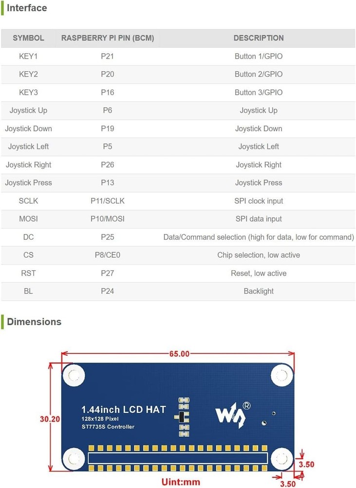 Waveshare 1.44inch LCD Display HAT for Raspberry Pi 128x128 Pixels SPI Interface