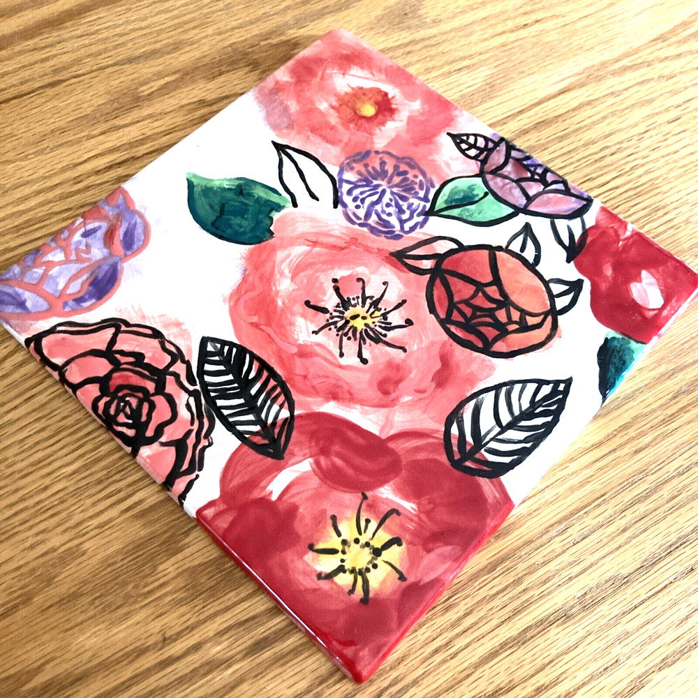 Decorative Tile Handmade 8” Square Floral Ceramic Tile Red Pink Green Signed