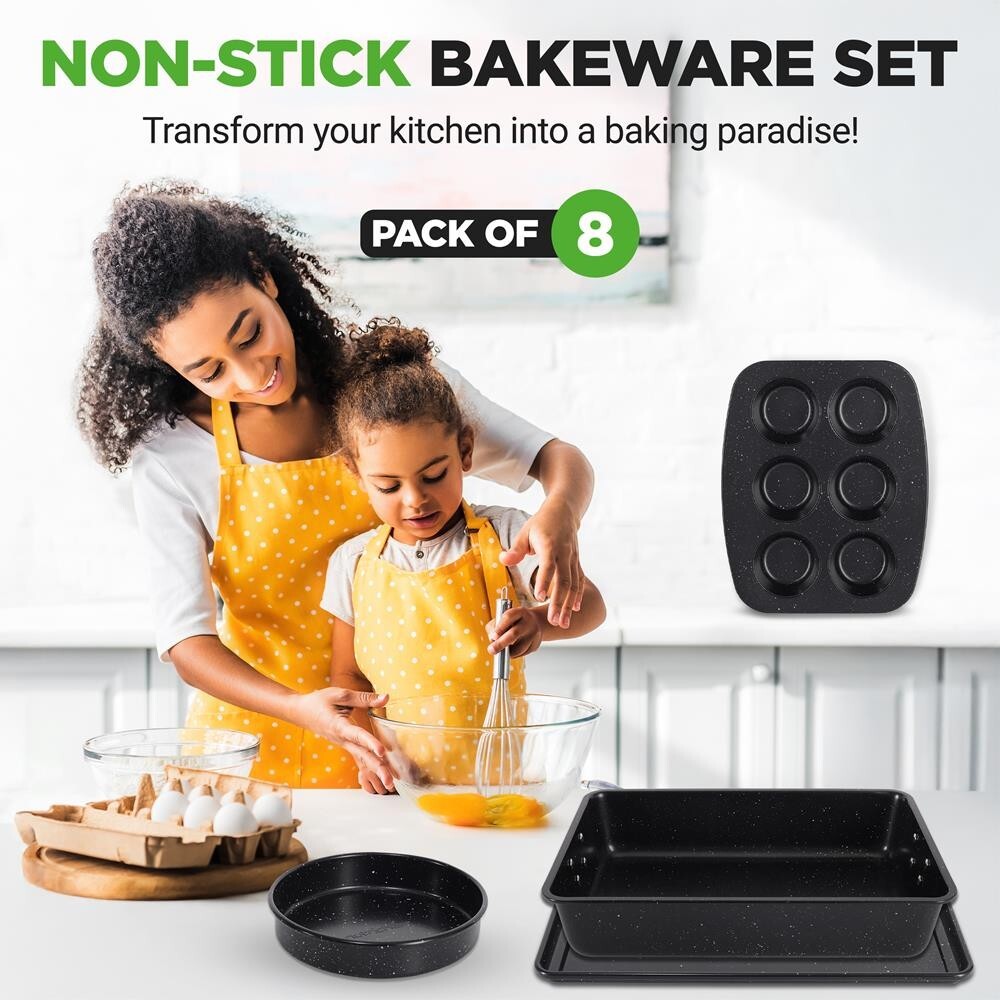 NutriChef 8pcs. Stackable Carbon Steel Bakeware Pan Set- Non-Stick(Black Marble)