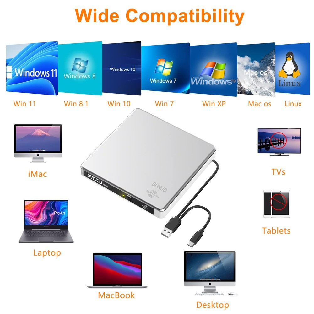 External CD DVD Drive LightScribe CD/DVD +/-RW Burner Player Writer Optical D...