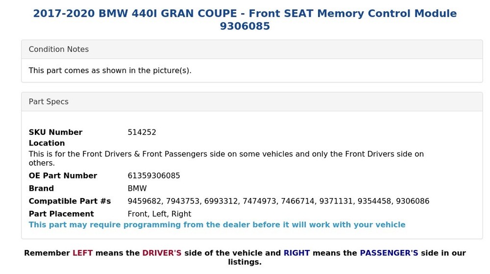 2017-2020 BMW 440I GRAN COUPE - Front SEAT Memory Control Module 9306085