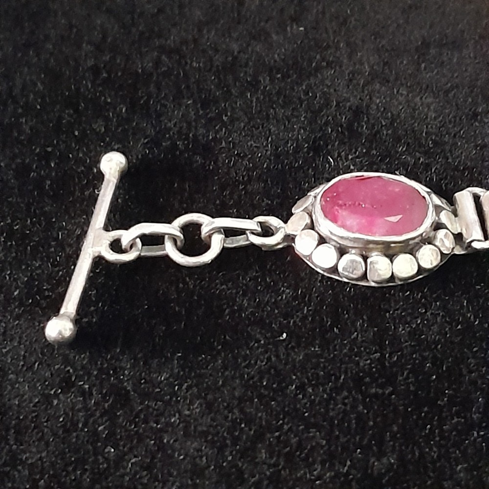 925 Sterling Silver Red Ruby Oval Faceted Panel Link Bracelet Toggle