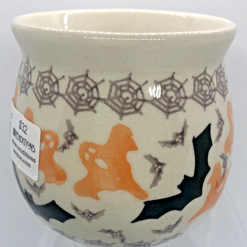Polish Pottery Medium Bubble Mug Coffee Tea Pattern BOO Ghosts Bats Spiders