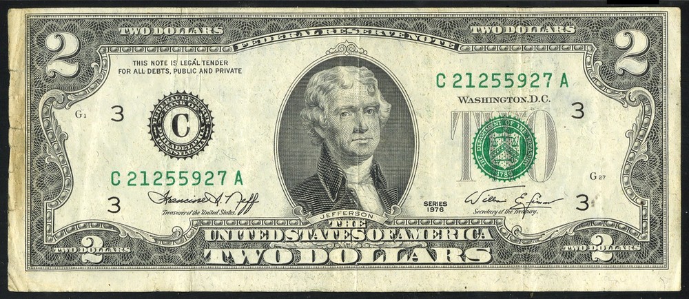 Series 1976 $2 Two Dollar Bill Error Offset Top