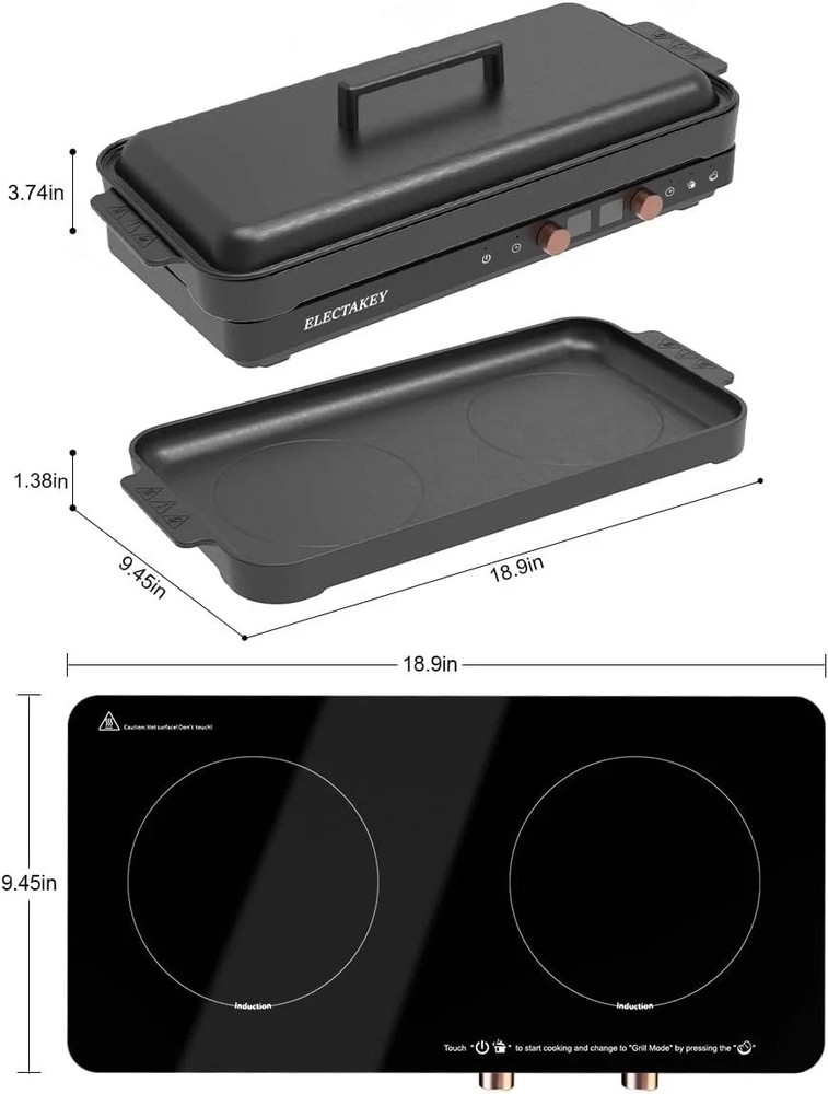 ELECTAKEY Induction Cooktop TWO Burner with Removable Cast Iron Griddle Pan Non