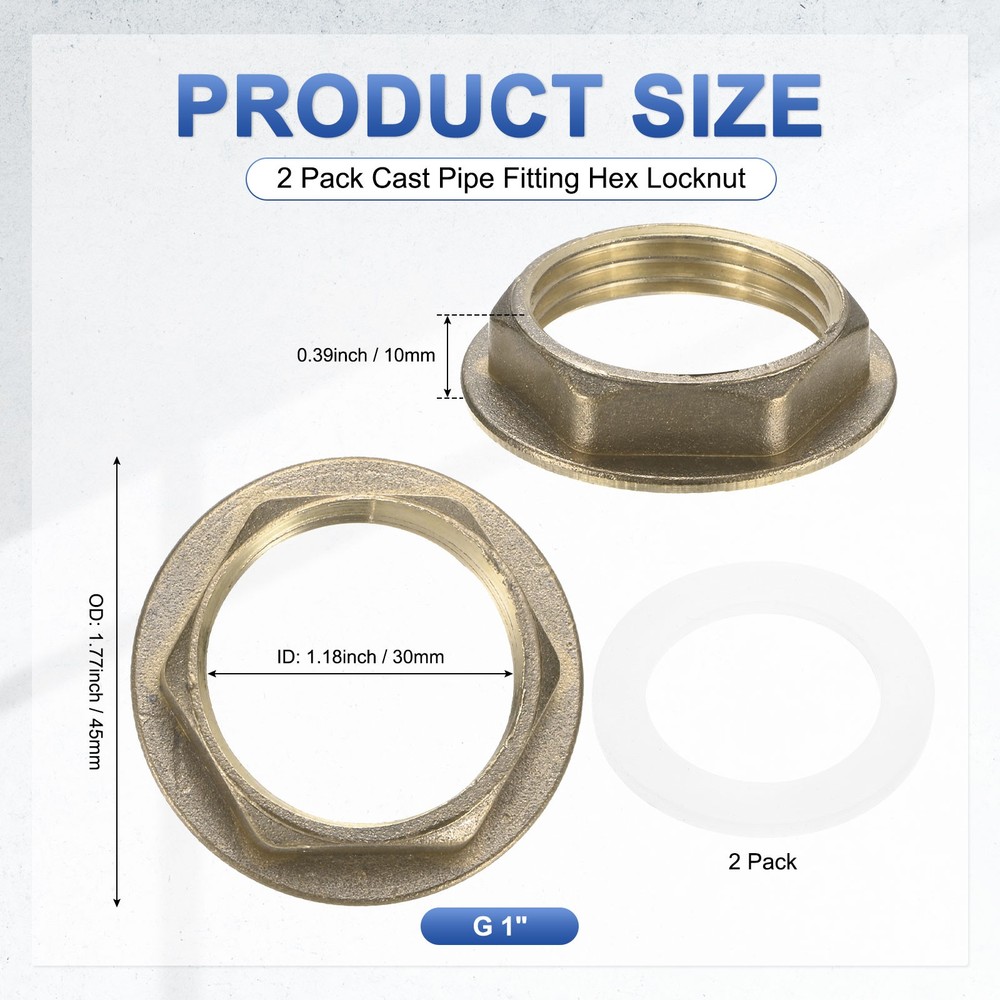 2 Pcs Brass G 1" Pipe Fitting Flange Hex Locknuts with Washer