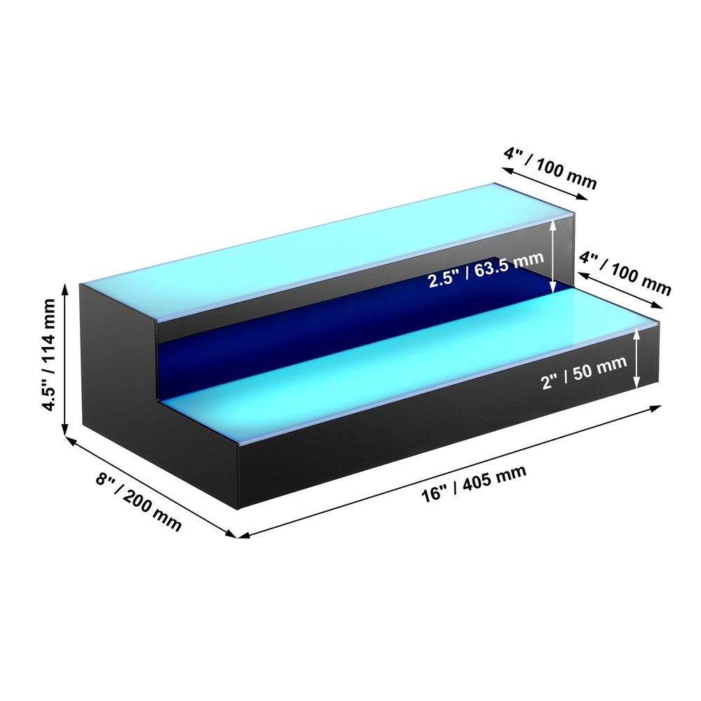 LED Lighted Liquor Bottle Display Shelf, RF & App Control, 16" 2-Steps, Acrylic