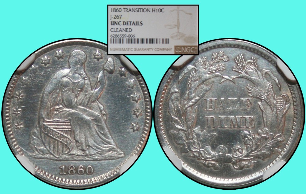 1860 Transitional Half Dime - Judd-267 - Pollock 315 - NGC Uncirculated Cleaned