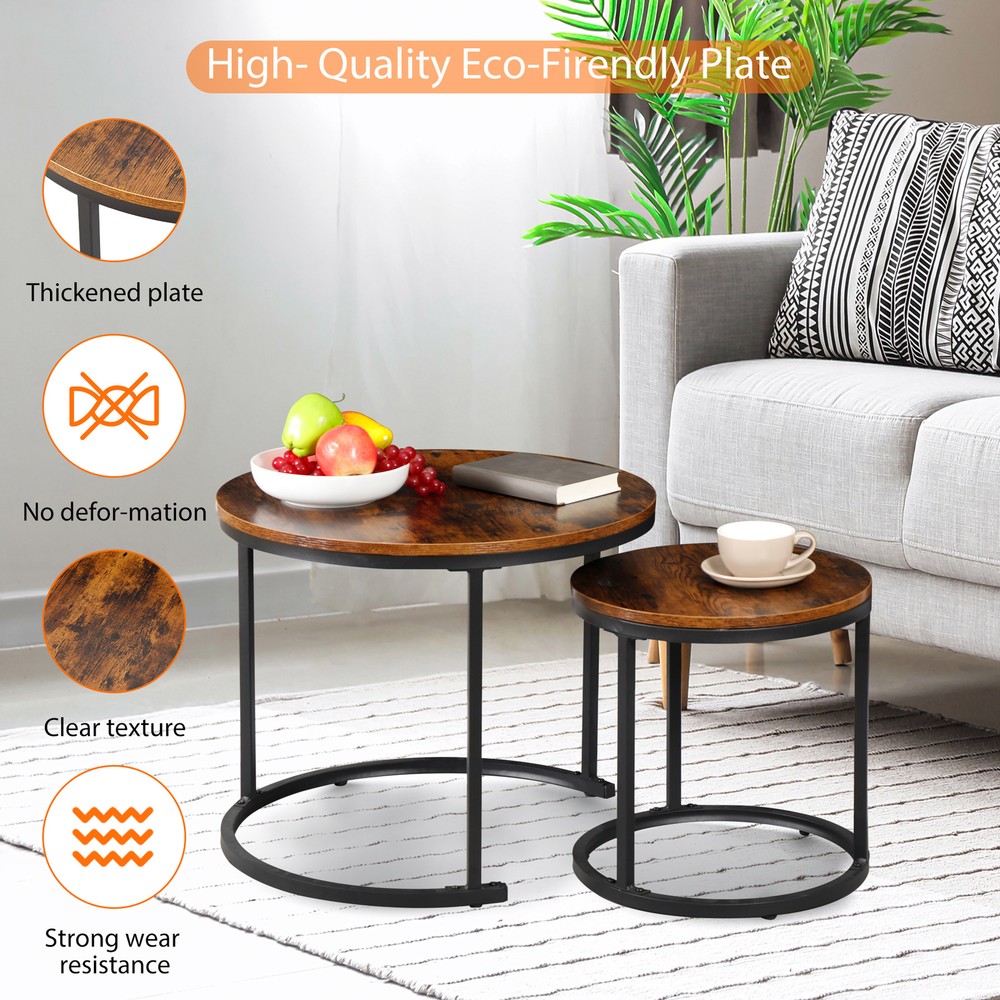 Set of 2 Nesting Coffee Table Round End Side Table for Small Spaces Rustic Brown