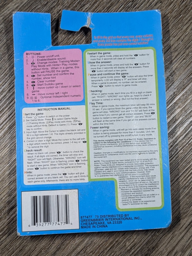 Mini Electronic Soduku game, in package