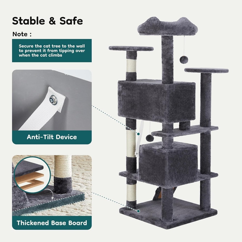 54"Cat Tree Tower Multi-Level Pet House 2 Condos Scratching Posts Round Platform
