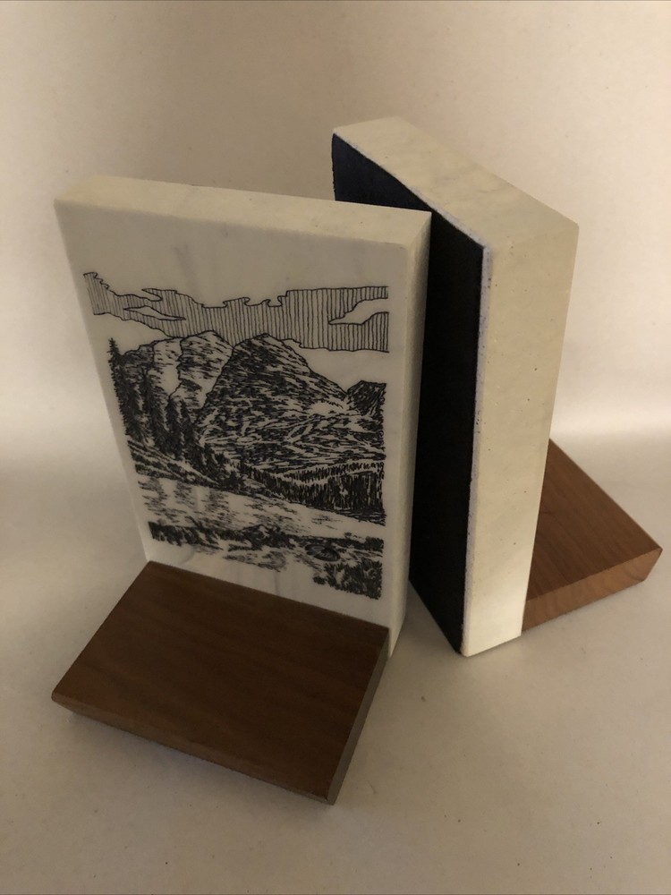 MCM Pair Bookend Etched Mountain River Design STONE ART Study Cabin Signed