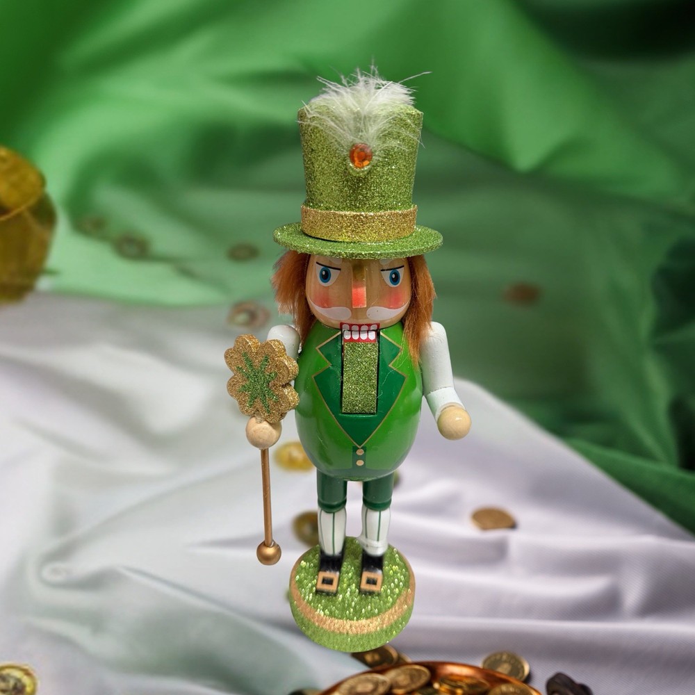 St. Patrick's Day Nutcracker 10" Leprechaun /Glitter Accented Holding a Scepter