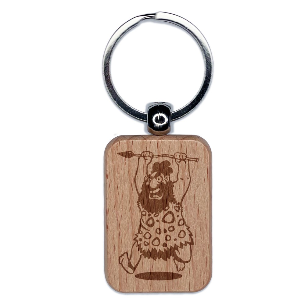Wild Caveman Neanderthal Running with Spear Engraved Wood Rectangle Keychain