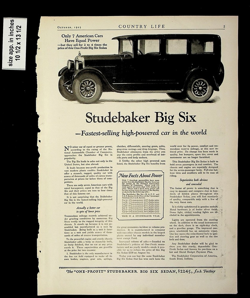 1925 Studebaker Big Six Vintage Print ad 015165