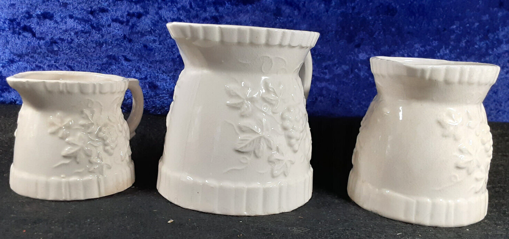 Vintage Ceramic Creamer / Measuring Cup set; Grapevine Pattern; 2,4,8 oz; EX