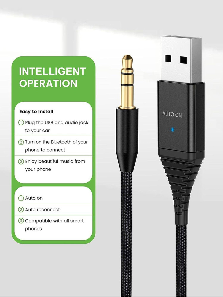 HVMLAK Bluetooth Aux Adapter for Car, USB Power 5.2 Receiver Small