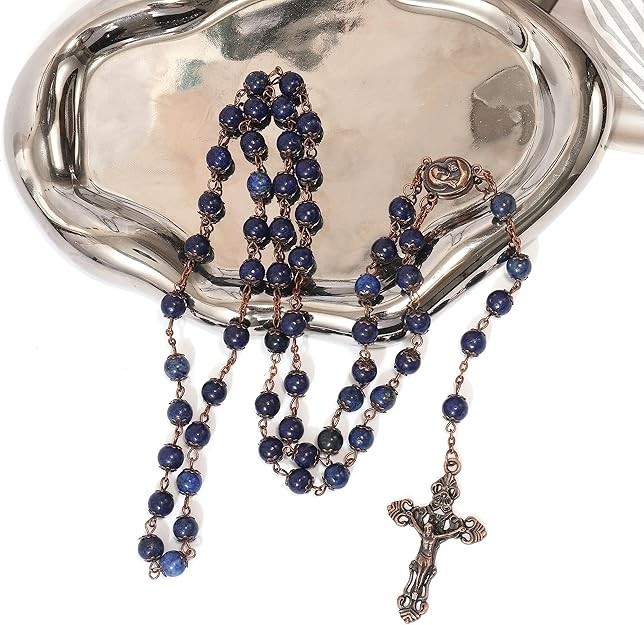 Lapis Lazuli Vintage Design Rosary Natural Stone Beads Necklace Holy Soil Medal