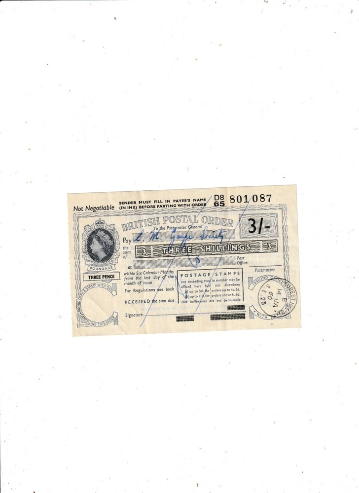 3 SHILLINGS   POSTAL  ORDER  1960