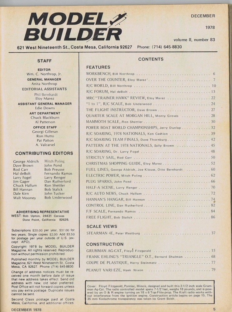 MODEL BUILDER Magazine December 1978, Vari Eze: peanut Scale Plans