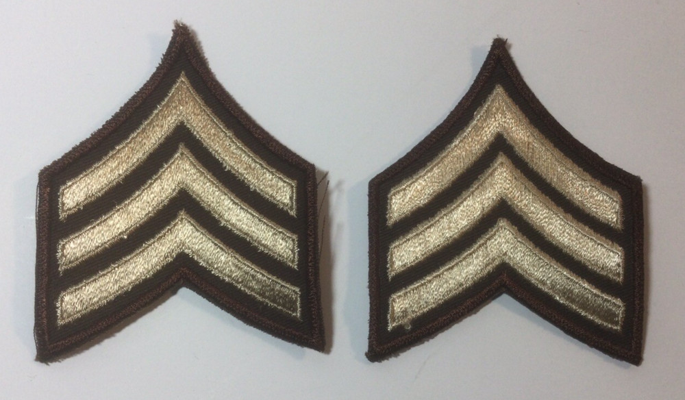 (2) Sergeant Chevron Schiffli Patch - 3 Tan Stripes on Dark Brown Twill & Border