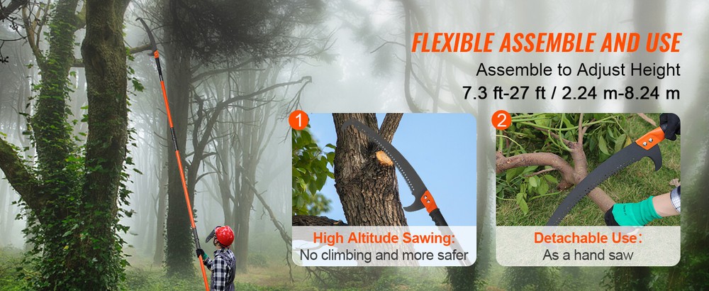 Manual Pole Saw 7.3-27 ft Extendable Tree Pruner Manual High Branches Trimmer