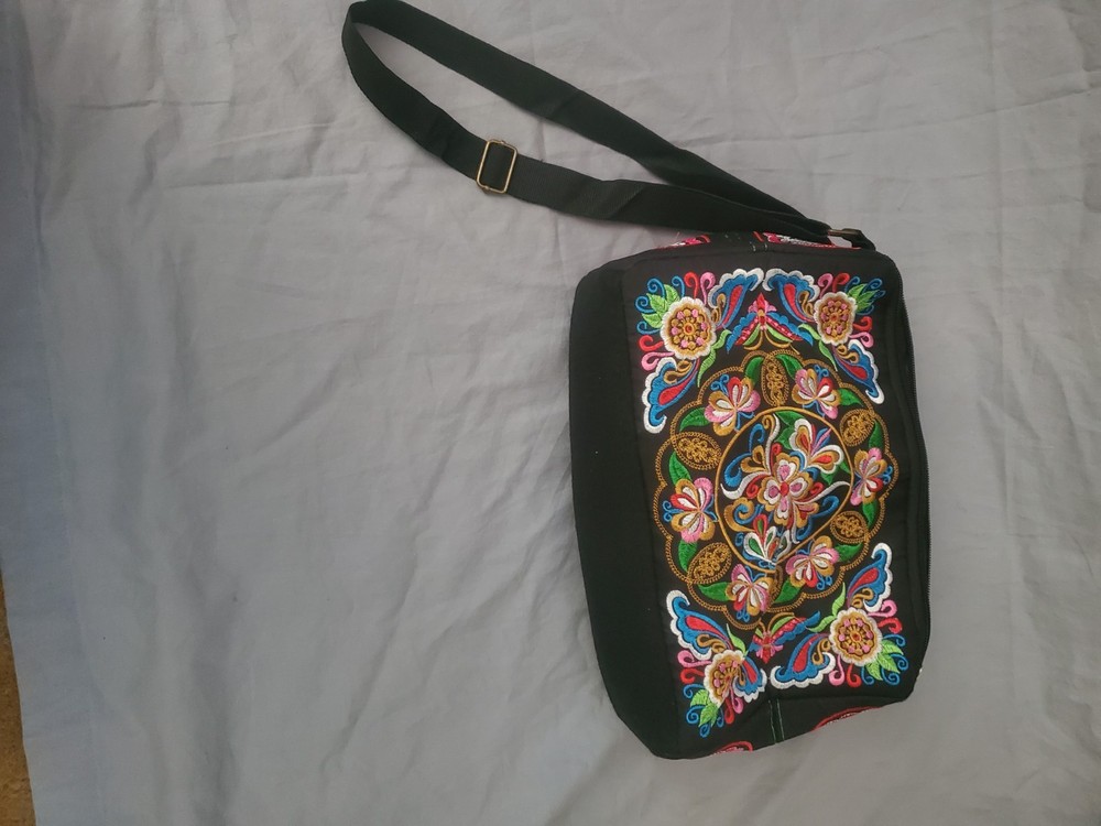 Embroidered Floral Black Shoulder Bag Adjustable Strap Multiple Compartments