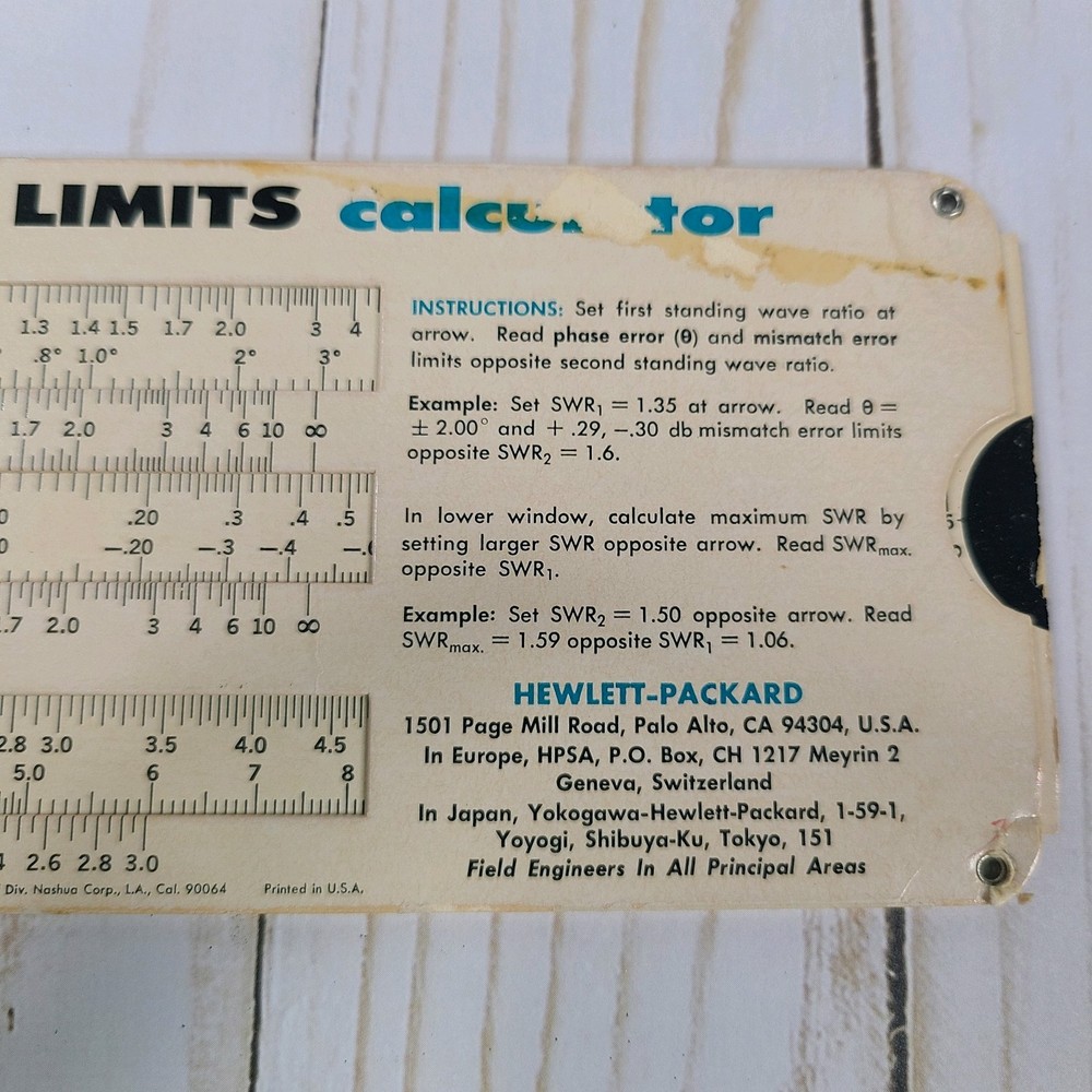 HP Reflectometer/Mismatch Error Limits Slide Rule Calculator 1976