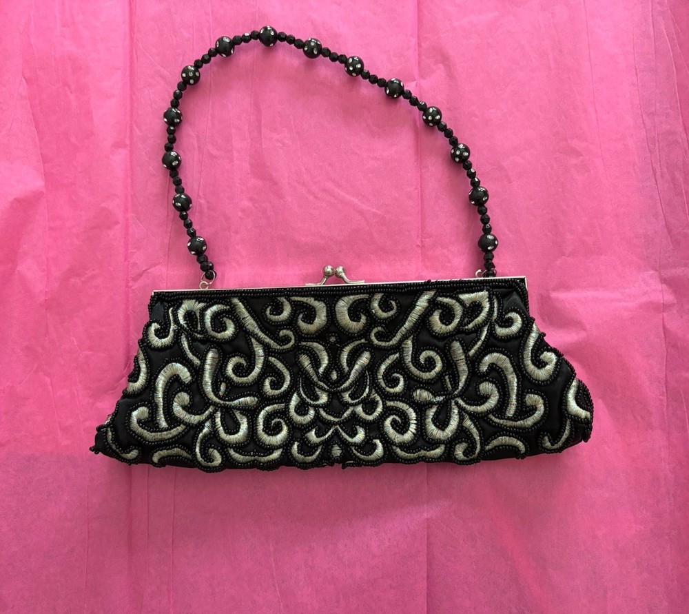 Beaded Black Silver Purse Clutch