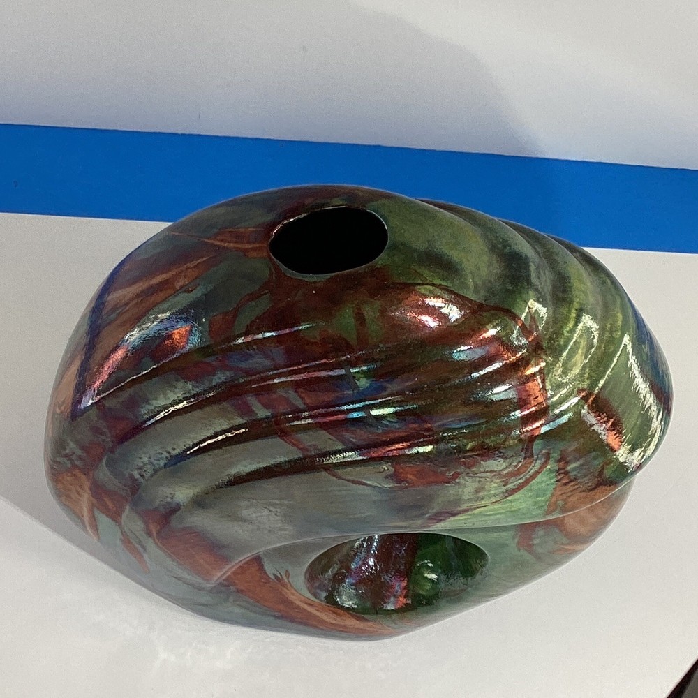 Signed Ruby Hansen 2012 raku pottery vase