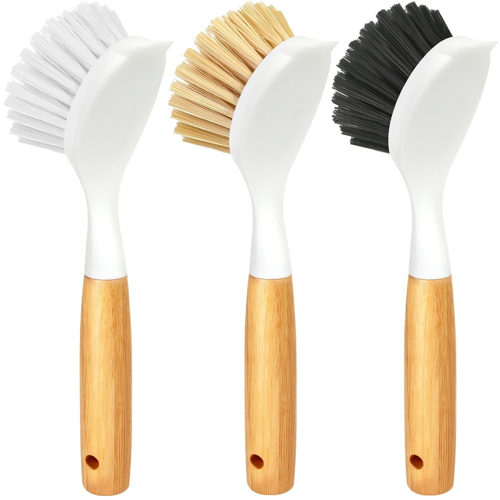 Holikme 3 Pack Dish Brush Set with Bamboo Handle, Kitchen Brushes for White