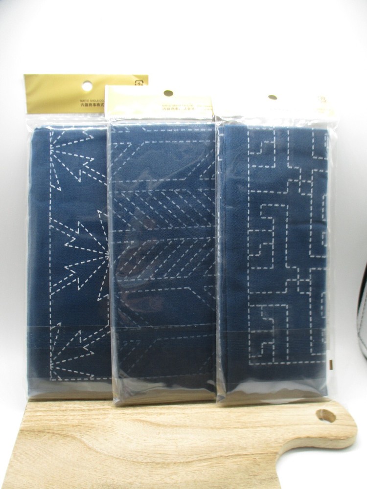 STARTER SET Naska SASHIKO Kit cut cloth Navy 3pcs Pattern C with Needle Thread
