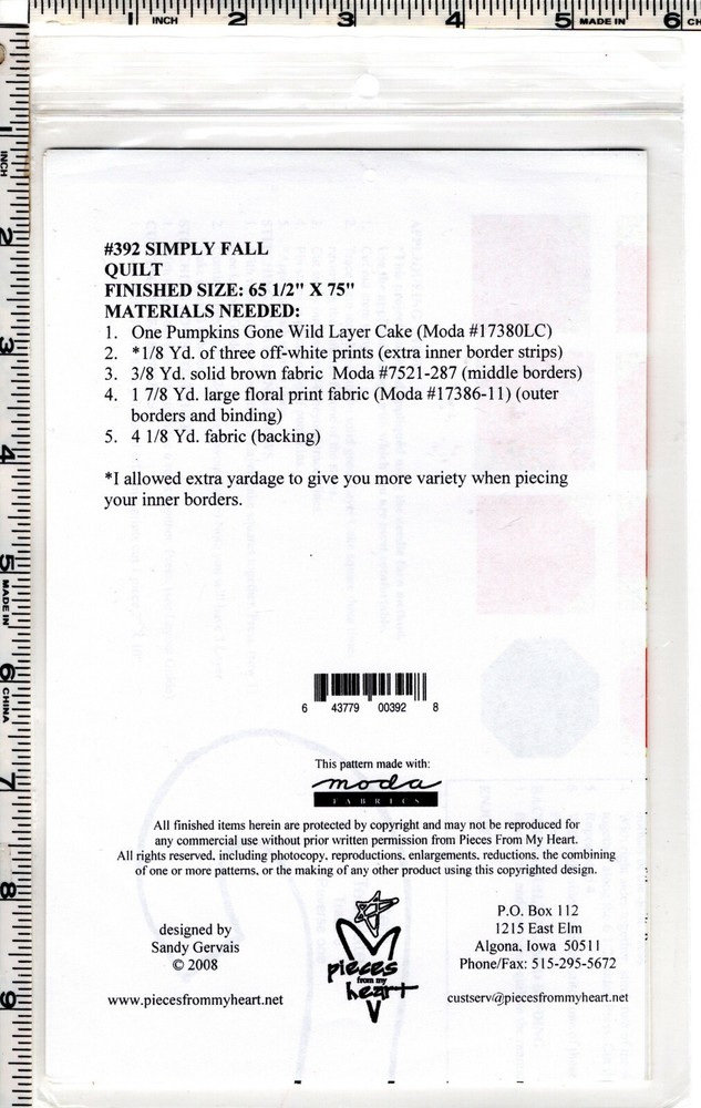 "Simply Fall" ©2008 Pieces From My Heart Quilting Piecing Applique Pattern # 392