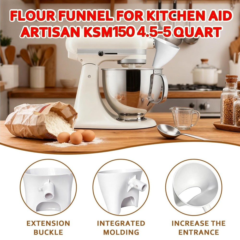 Flour Funnel for Kitchen Aid Mixer (White)
