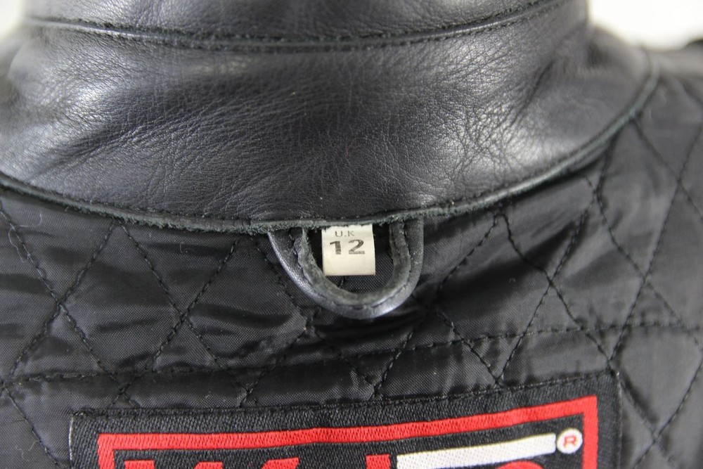 WEISE CLASSIC BLACK LEATHER BIKER JACKET WITH REMOVABLE BACK PROTECTOR: SIZE 12