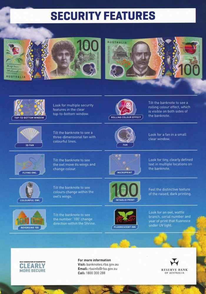 AUSTRALIA NEW $100 2020 RBA Security Info Sheet -Folded