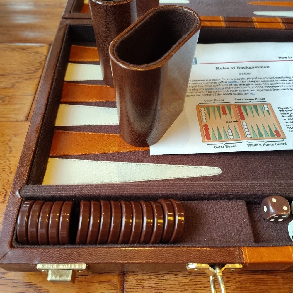 Vintage BACKGAMMON Game And Brown Case Set 10"x15"