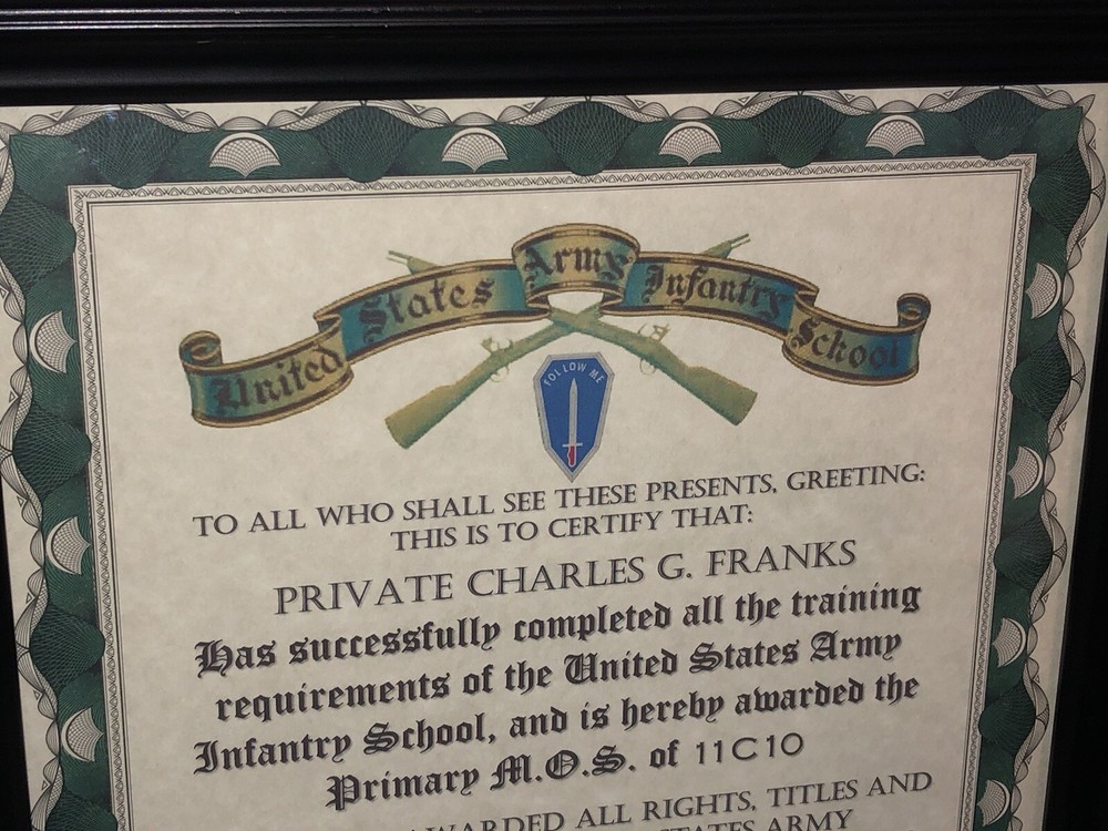 U.S. ARMY (9TH I.D.) INFANTRY TRAINING AND ASSIGNMENT CERTIFICATE